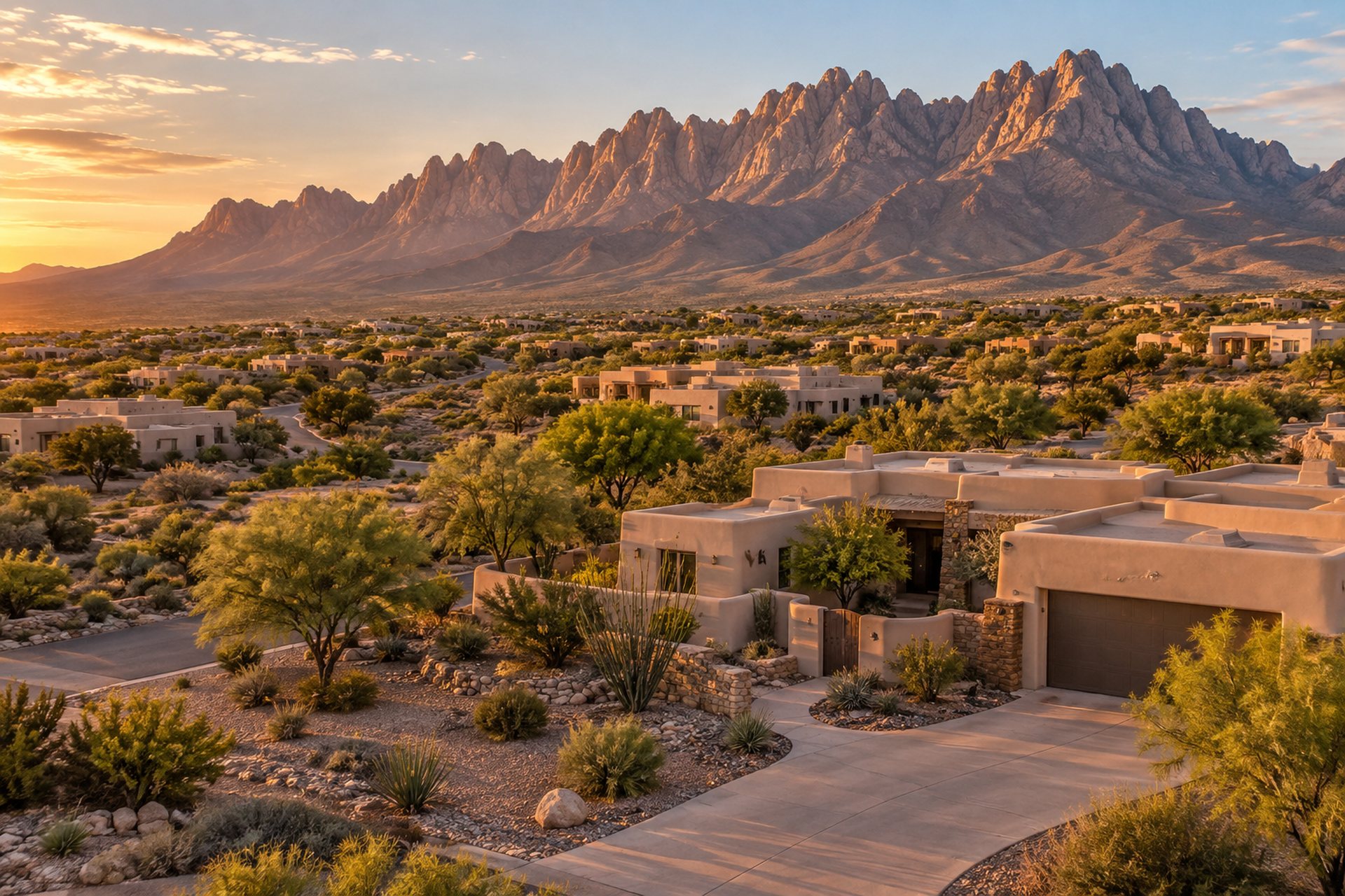 The Organ Mountains above a Las Cruces neighborhood at golden hour, illustrative