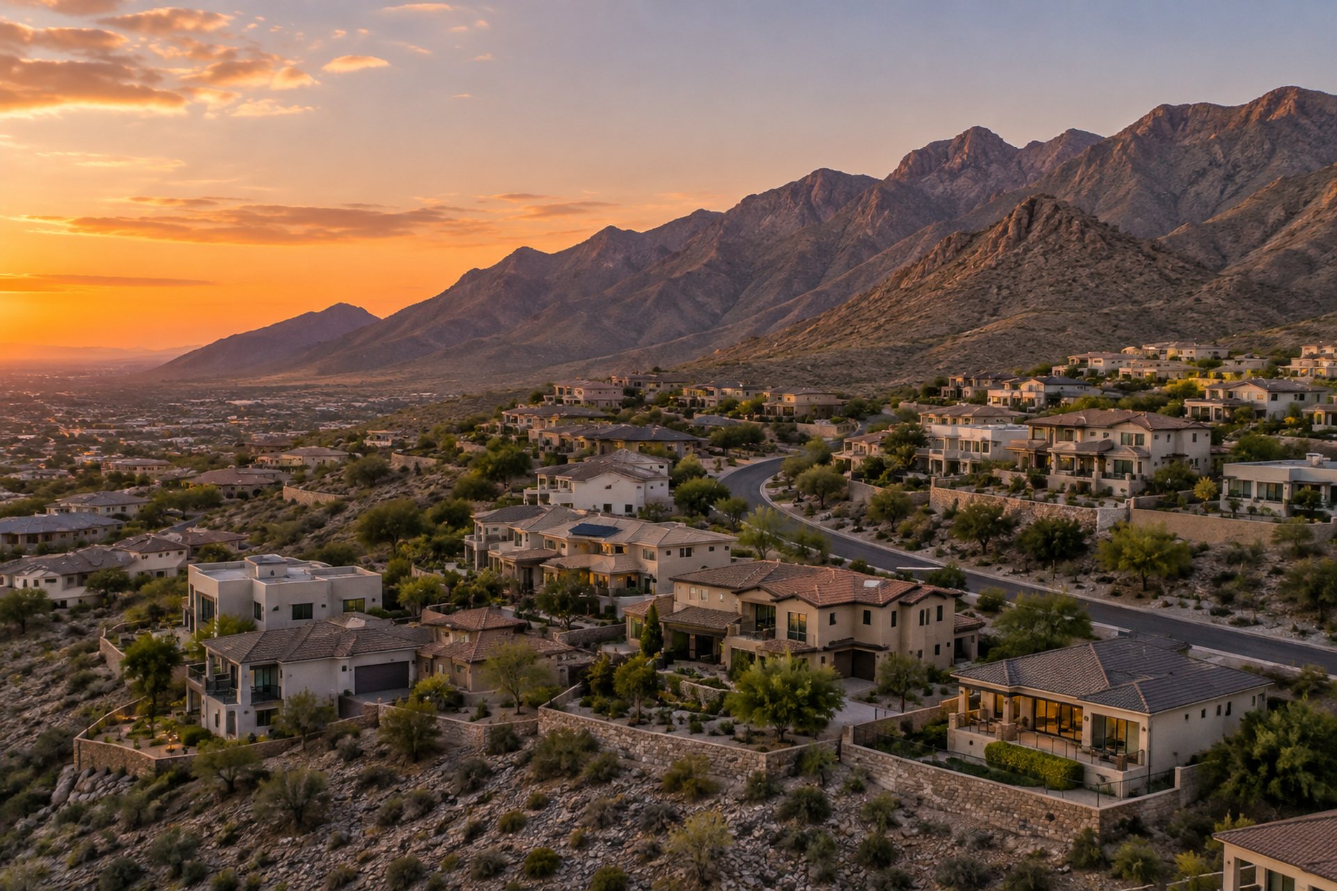 West El Paso under the Franklin Mountains at dusk, illustrative
