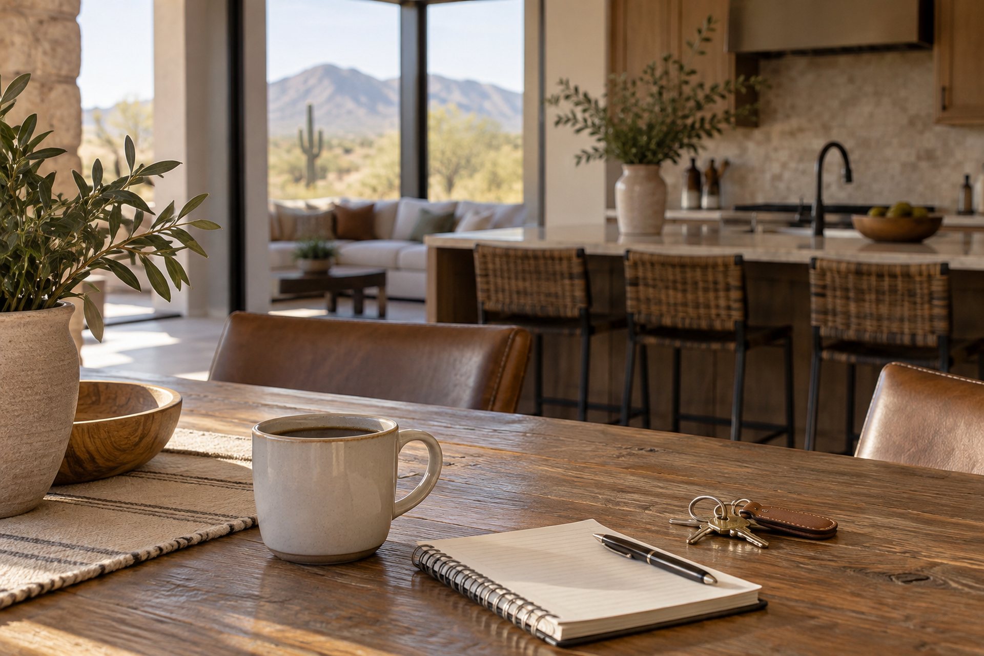 A kitchen table with keys and a notepad, illustrative